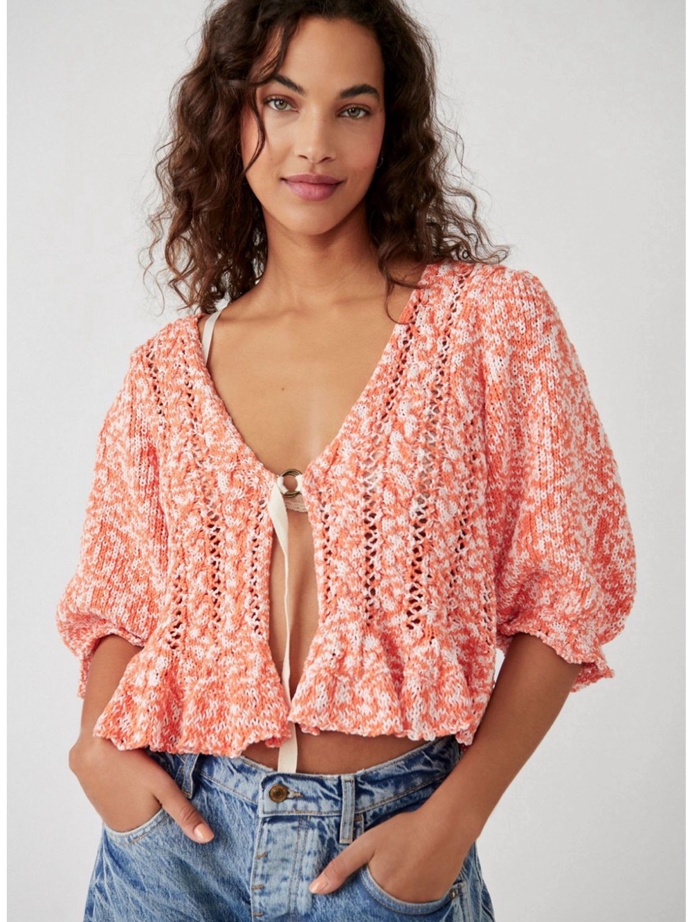FREE PEOPLE 3/4 Length Sleeve Cardigan Sweater orange/cream-XS - Picture 2 of 13